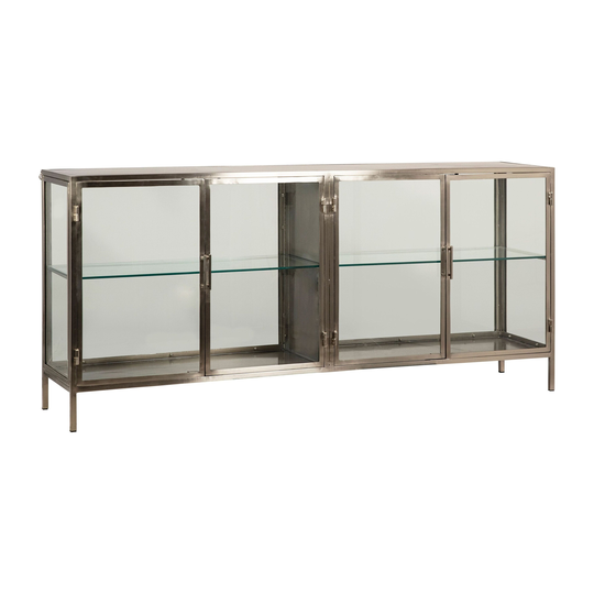 Carley 76-inch 4-Door Nickel Finished Iron & Glass Display Sideboard