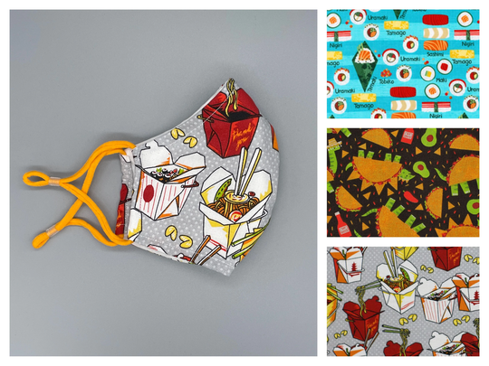 Taco, Chinese, Sushi, Take-Out Face Mask - Adult, Child, Kid, School, Adjustable, Nose Wire, Cotton, Washable, Handmade, Reusable