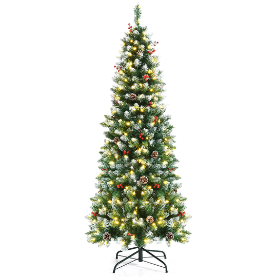 6ft Pre-lit Artificial Hinged Pencil Christmas Tree Decorated Snow