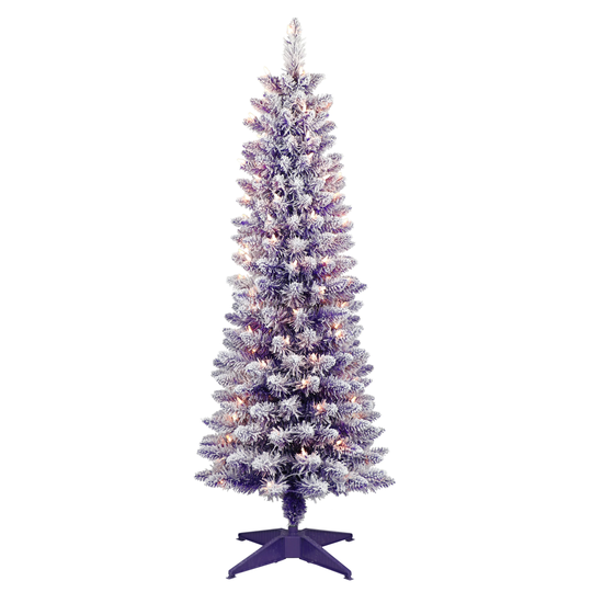 Puleo International Pre-Lit 4.5' Flocked Fashion Purple Pencil Artificial Christmas Tree with 100 Lights, Purple