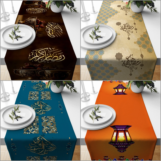 Islamic Table Runner|Religious Motif Centerpiece|Turquoise Ramadan Kareem Tablecloth|Brown Mystic Home Decor|Gift For Muslim Neighbor