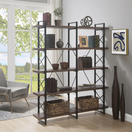 Office 5 Tier Bookshelf, X Design Storage Shelf with Metal Frame