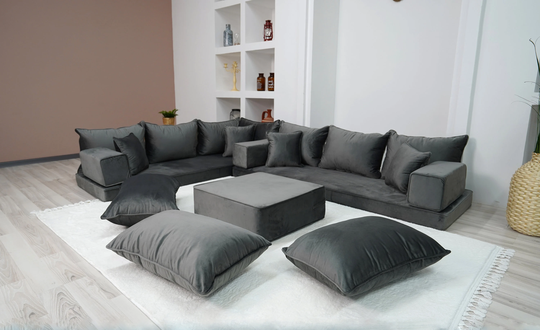 Dark Gray Color Modern Livingroom Floor Cushions, Sectional Sofas, Pallet Sofa, Moroccan Home Decor Luxury Arabic Sofa Set