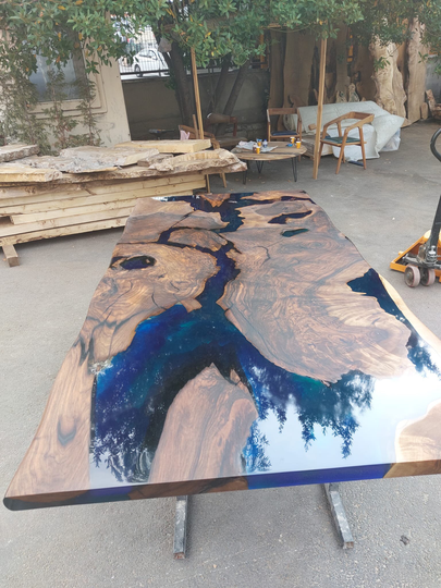 Epoxy Resin River Table, Walnut Handmade Custom 84" X 40" Blue For Heather