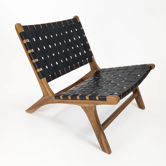 Brisot Square Weave Leather on Teak Wood Lounge Chair