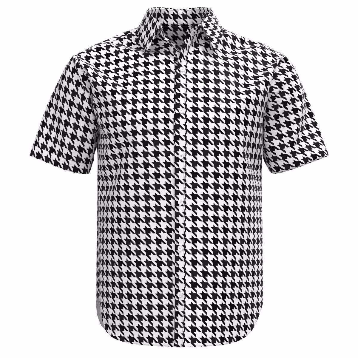 Black & White Houndstooth Pattern Men's Button Shirt Collar Short Sleeve