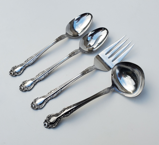 Ekco Eterna Beaumont Stainless Serving Pieces - Set Of 4 1 Ladle Pierced Spoon Large Meat Fork Glossy