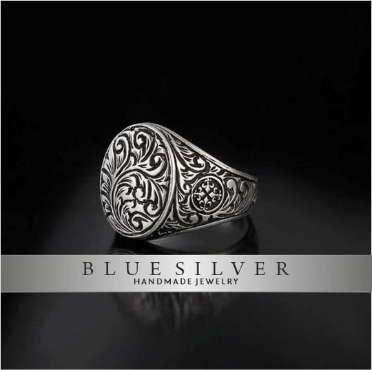 Silver Men Rings, Hand Pencil Carved Ring, Jewelry, Vintage Gemstone Gift For Father's Day