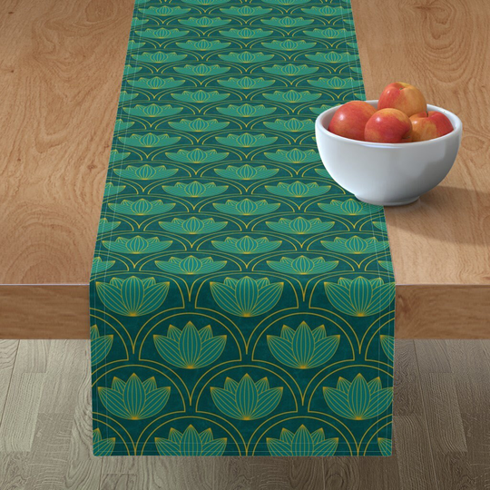 Teal Lotus Table Runner - Jade By Mia Valdez Luxurious 1920S Style Vintage Glamour Cotton Sateen Spoonflower