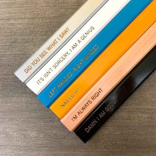 Left Handed Assorted Carpentry Quotes Six Wood Personalized Carpenter Pencils. For The Woodworker Wizard in Us All. Fathers Day