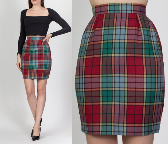 Vintage Plaid Mini Pencil Skirt - Extra Small, 22.5" | Y2K High Waist Fitted Preppy Schoolgirl Miniskirt