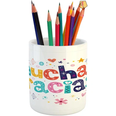 Mexican Pencil Pen Holder, Spanish Thank You Words With Cartoon Style Hearts Diamonds Flowers Artwork, Printed Ceramic Pencil Pen Holder For Desk Offi