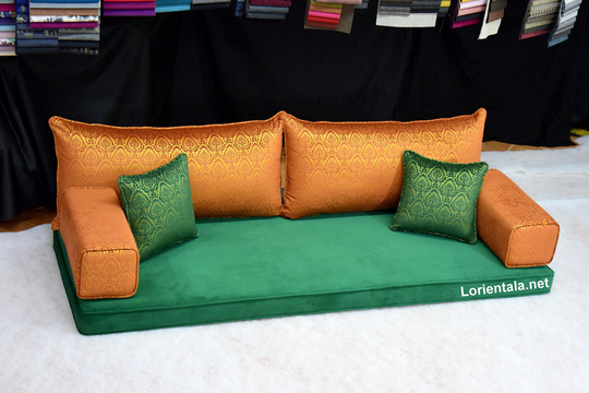 Velvet Amber Green Oriental Floor Sofa Turkish Arabic Living Room, French Moroccan Home Decor Couch, Cushions Set, Yoga Meditation Modern Bed