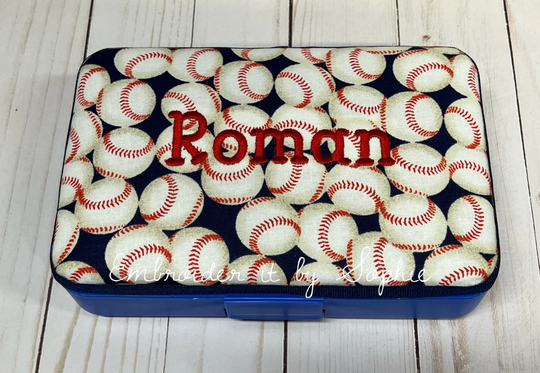 Personalized Kids School Pencil Box Case/Art Supplies Sticker Box/Crayon Storage Container/Baseball Sports Ball Bat