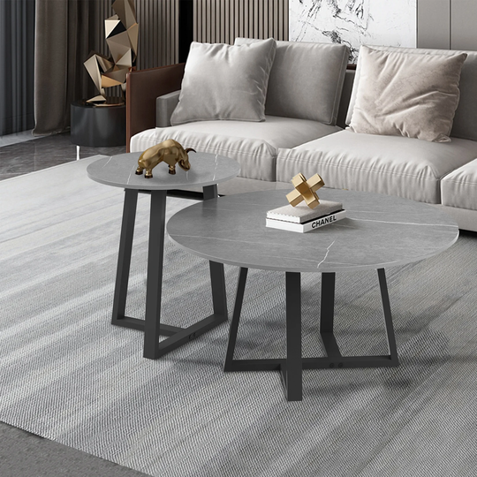 Set of 2 Round Nesting Tables Sintered Stone Marble Coffee Table - 31.5x15.7 inch