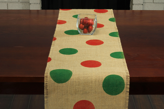 Christmas Burlap Table Runner, Red & Green Polka Dot Natural Decor, Party