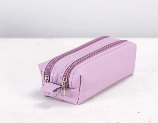 Rec Double Case - Lilac Leather Pencils Case, Rectangular Accessory Bag Purse Glasses Markers Zipper Pouch