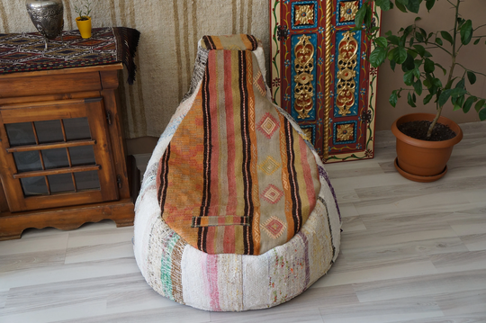 Bean Bag Vintage Eclectic Ottoman Decorative Bohemian Kilim Rug Pouf Floor Chair Top Is Hand Woven Round Cotton