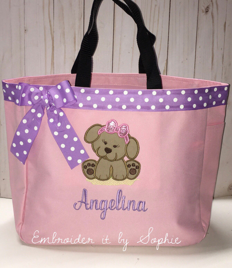 Personalized Baby Girl Tote Bag/Puppy Dog/Birthday Gift/Baby Shower Gift/Essential Diaper Bag/Book Bag/Doggie Bow/Custom Embroidery