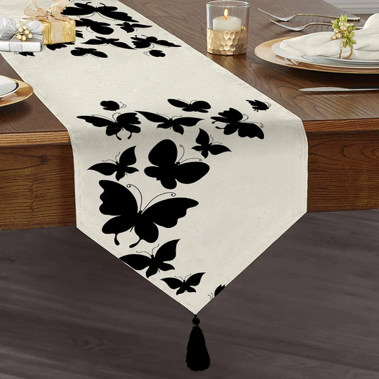 Butterfly Pattern Table Runner|Tasseled Chenille Runner|Triangle Runner|Decorative Tablecloth|Home Kitchen Decor|Printed Runner