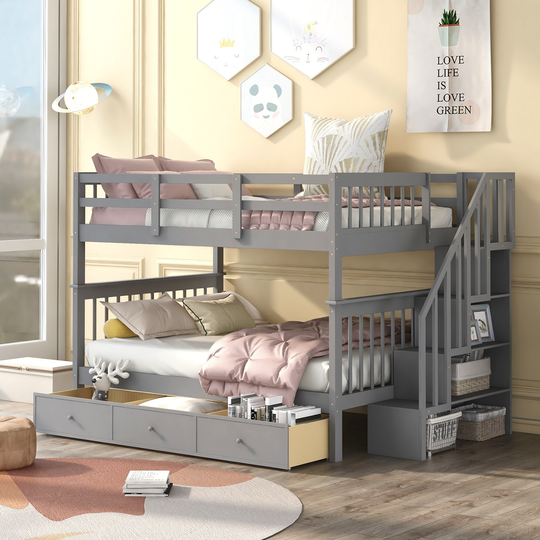 Full-Over-Full Bunk Bed with Drawer, Storage and Guard Rail