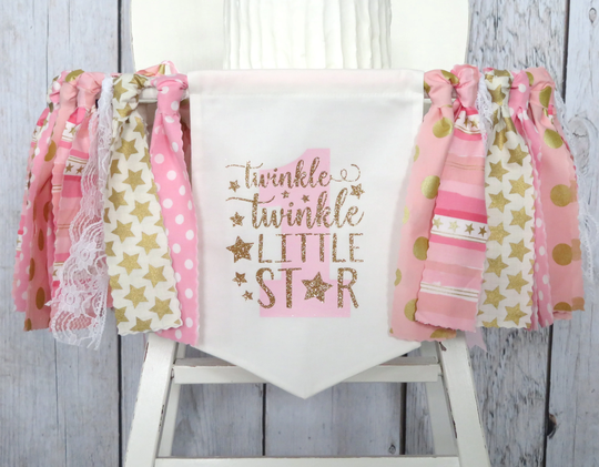Twinkle Star High Chair Banner For Her First Birthday Party - Twinkle Little Star, One Year Old Birthday, Pink & Gold Star Banner