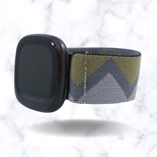 Elastic Fitbit Sense/Versa 3 Watch Band - Fits & Olive Grey Chevron Pattern Holiday Xmas Gift Winter Fall Boho