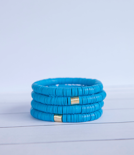 Bright Blue Clay Disc Stretch Bracelet | 8mm 1 Panthers Polymer Stacking Summer Jewelry
