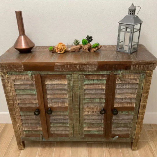 Fully Assembled Distressed Four-Doors Solid Wood Storage Cabinet Accent Sideboard