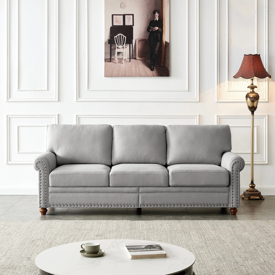 3-seat Sofa Living Room Bench, Polyester Padded Seat Rolled Arms Sofa with Wood Leg