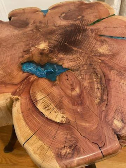Custom Finished Cedar Table | Live Edge | Tree Slice, Wood Cookie, Top Thick Slice | Epoxy Piece Antique Cast Iron Legs