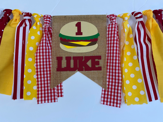 Picnic Banner, Hamburger High Chair Grill Out Decor, Photo Prop, Bar-B-Que Decor