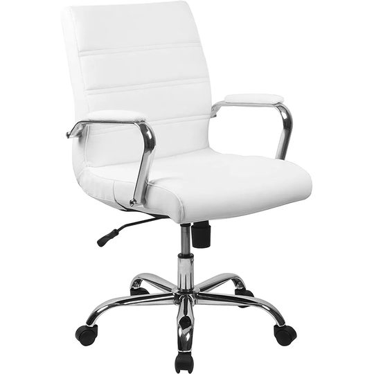 Mid-Back Desk Chair - White LeatherSoft Executive Swivel Office Chair with Chrome Frame - Swivel Arm Chair