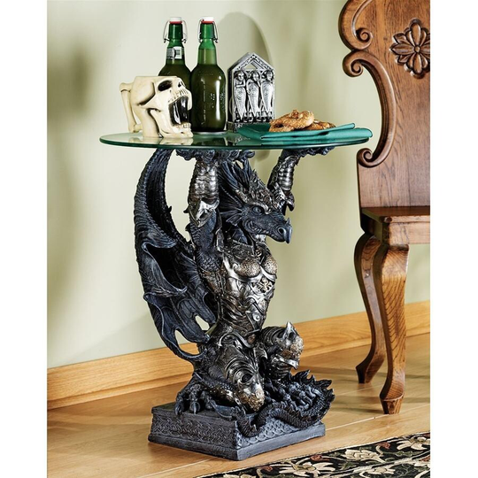 Design Toscano Hastings, the Warrior Dragon Glass-Topped Sculptural Table
