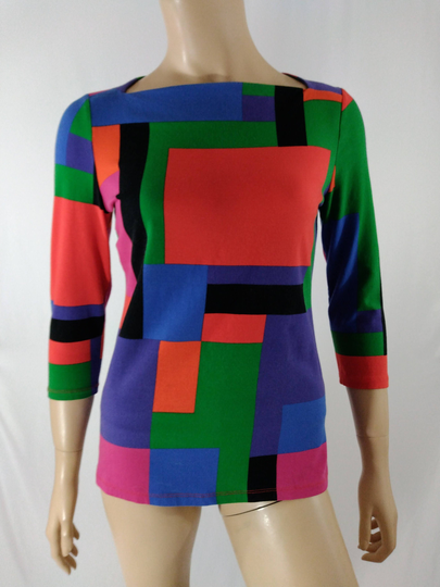 Ralph Lauren Top Women's Colorful Shirt 3/4 Sleeve Geo Colorblock Print Cotton Spandex High Quality Very Good Condition By Rl Size M Petite