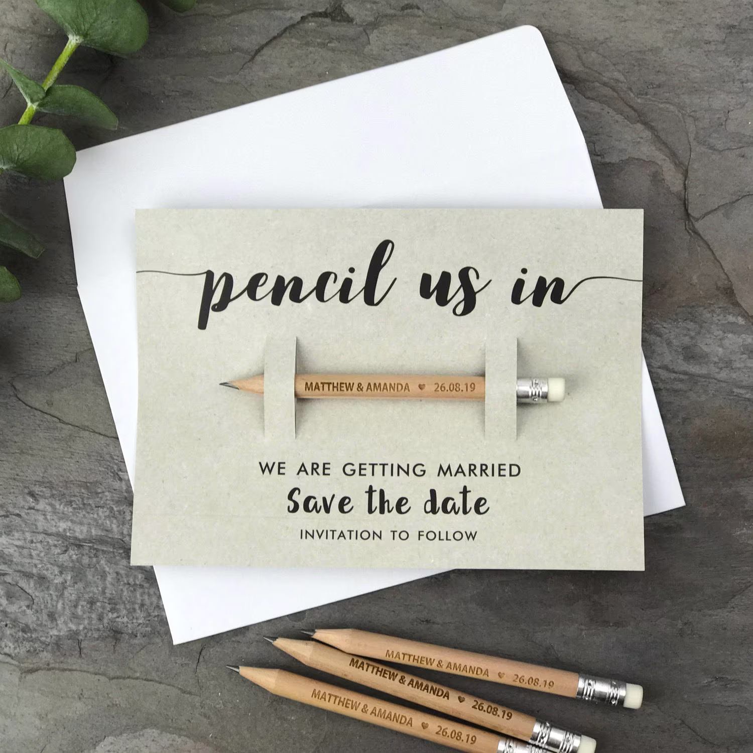 Pencil Us in Save The Dates Personalised - Wedding Invitations Engraved | Marble, Chalk Or Kraft Style Backing Card & Envelopes Option