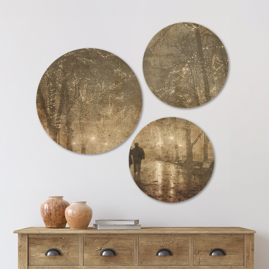 Designart 'Couple Walking in Night Lights' Landscape Wood Wall Art Set of 3 Circles - Multi-Color