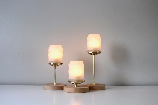 Brass Table Lamp, Frosted Ribbed Jar Glass Shade, Wooden Base, Mid Century Modern Design, Home Lighting & Decor, 7 Inches Tall, Desk Lamp