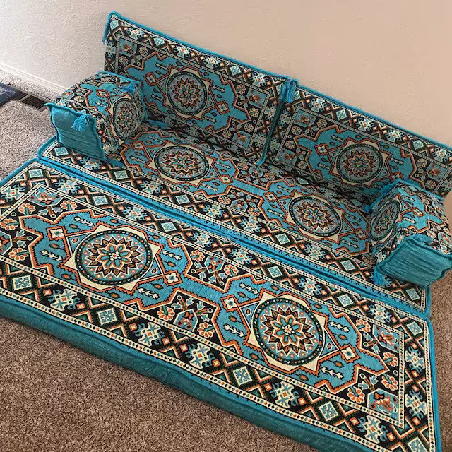 Blue Green Majlis Sofa, Ethnic Boho Furniture, Living Room Arabic Majlis Floor Sofa Set, Floor Couch, Oriental Seat