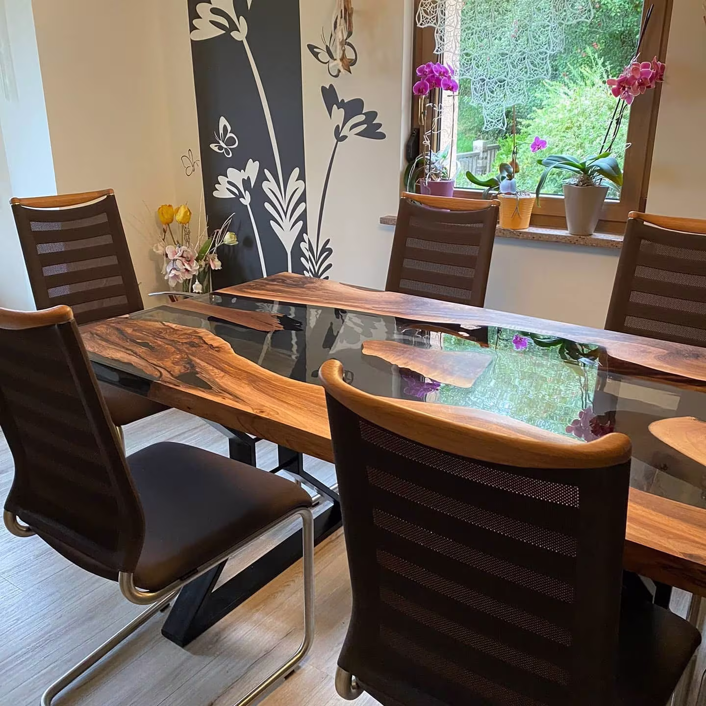 Dark Walnut Smoke Epoxy Table, Live Edge Dining Resin Wood