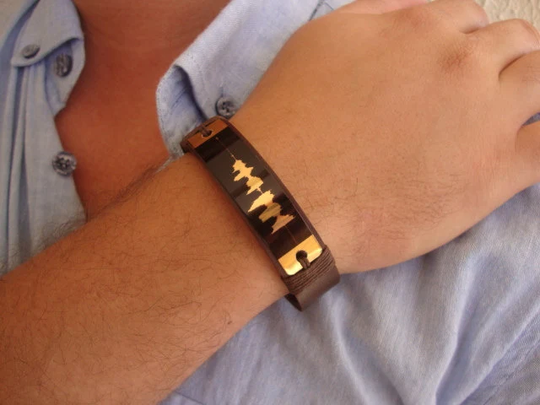 Sound Waves Bracelet.personalized Bracelet, Wedding Anniversary Gift. Voice Recording.genuine Leather, Aluminium Gold Platechristmas Gifts