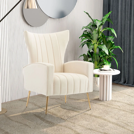 Velvet Accent Chair, Wingback Arm Chair with Gold Legs, Upholstered Single Sofa for Living Room, White