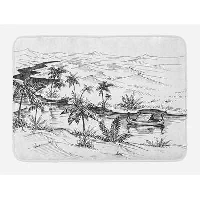 Pencil Drawn Sketchy Scenic of a Boat Floatingin a River Bath Rug