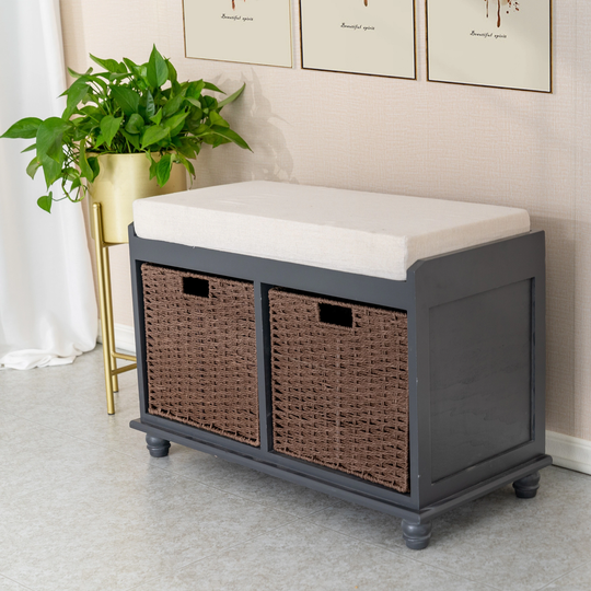 Wicker Basket 2-Drawer Storage Bench with Cushion