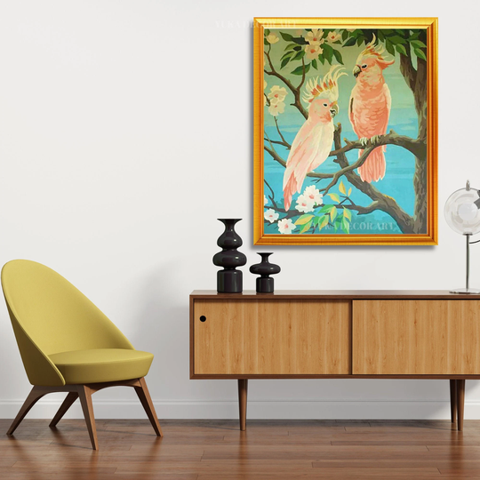 Pink Cockatoo Bird Vintage Paint By Number Kit | Adult Diy Painting Birds in Lake, Easy Beginner Oil Painting, Vintage Art Decor Gift