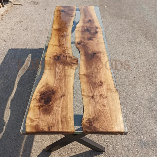 Walnut Dining Table, Transparent Blue Epoxy Table Round, Dine Table