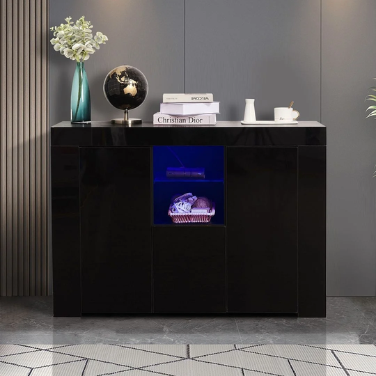 Kitchen Sideboard Cupboard with LED Light, Black High Gloss Dining Room Buffet Storage Cabinet with Drawer and 2 Doors