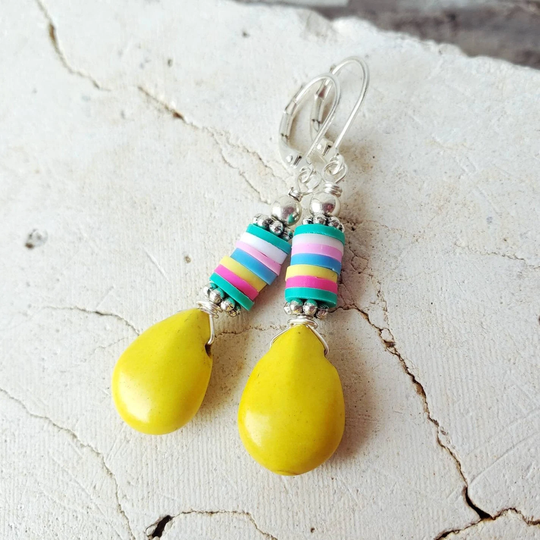 Yellow & Multi Color Earrings. Howlite Dangle Bright Colorful Vinyl Cinco De Mayo