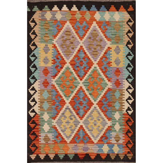 Multi-Color Kilim Southwestern Rug Hand-woven Wool Carpet - 3'6" x 4'11"