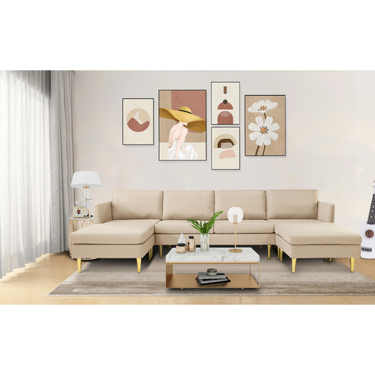 Modern Convertible Sectional Sofa Set with Chaise Lounge & Ottoman, Living Room 5-Seat Sofa with Clean Lines & Metal Legs